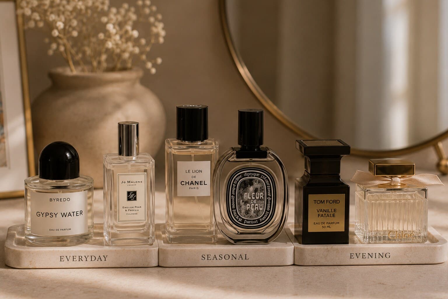 A small edited collection of perfume bottles grouped by everyday, seasonal and evening use.