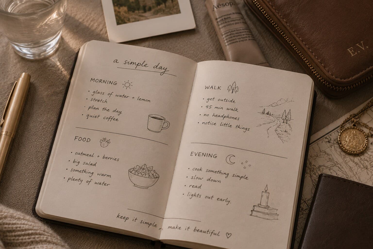 A small travel notebook open to a page sketching morning, food, walking and evening plans.