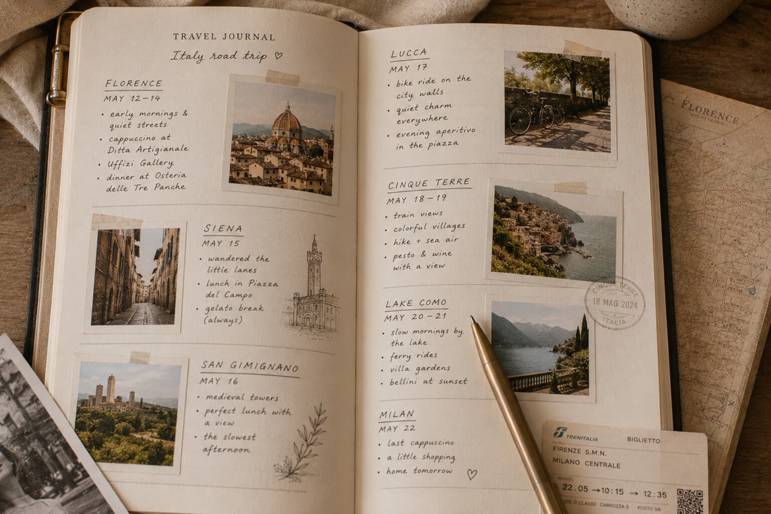 A personal travel journal with entries for each destination visited.