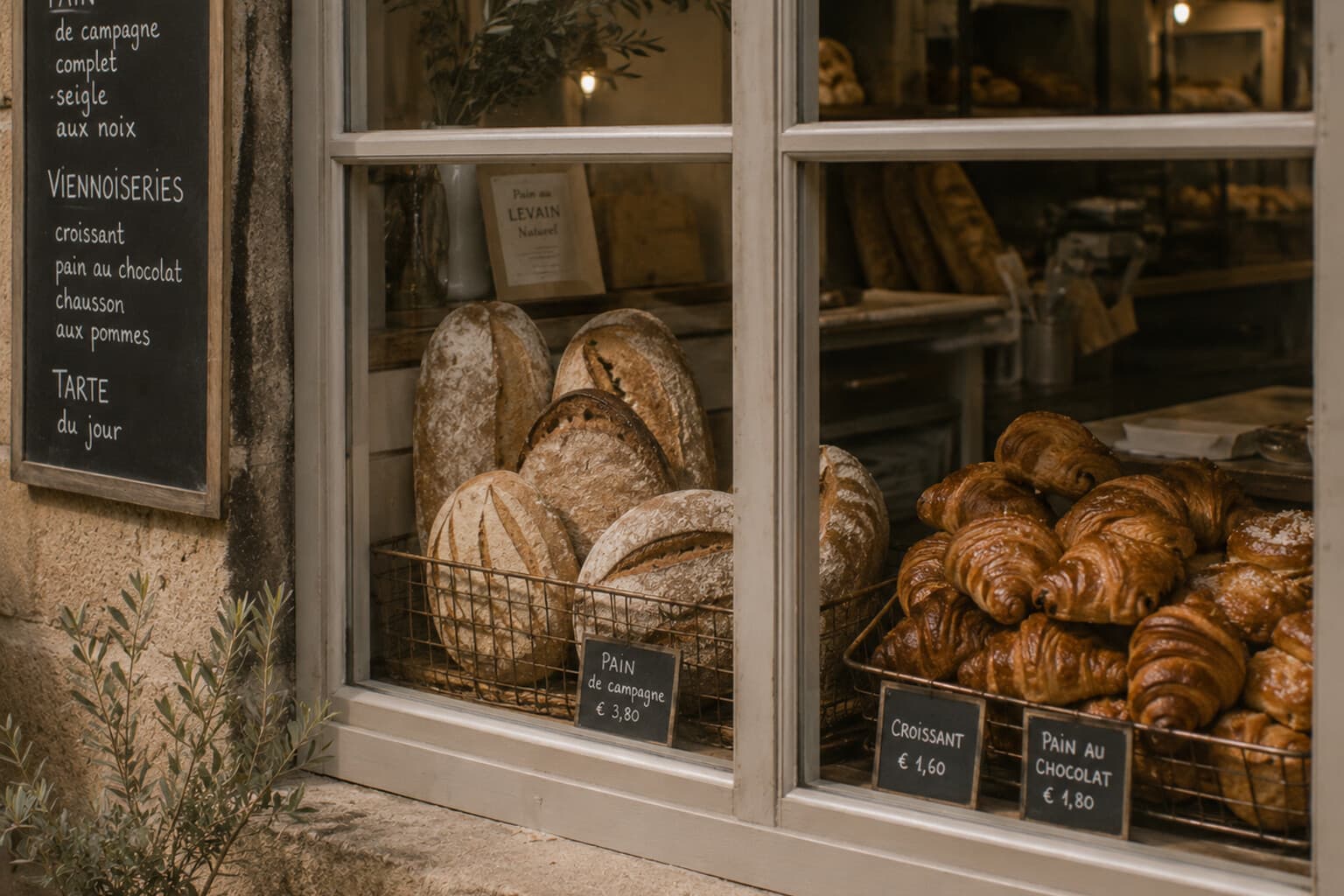 Fresh bread and pastries cooling in the window of a small European bakery.