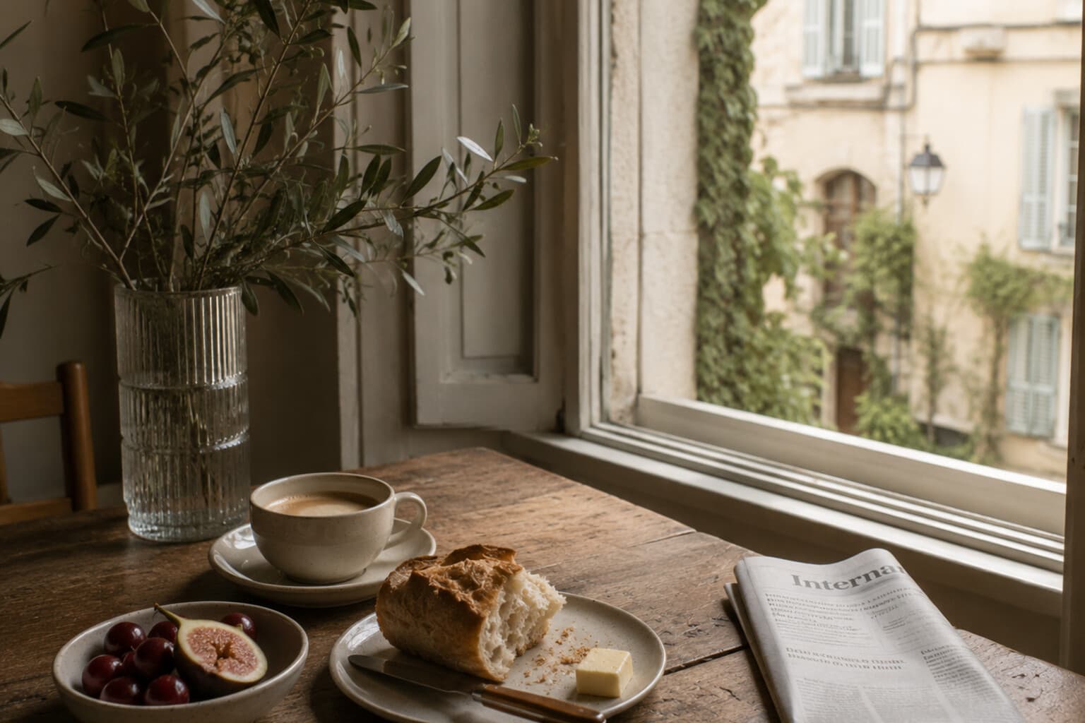 A simple European breakfast of coffee, bread and fruit set beside a quiet window view.