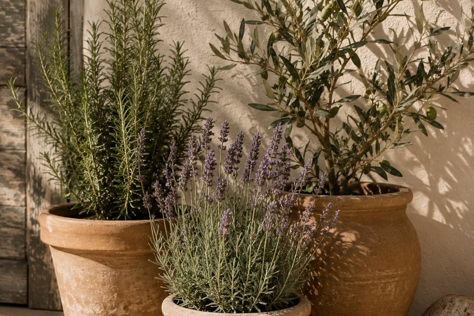 Grouped terracotta pots of rosemary, lavender and olive foliage beside a sunlit wall.