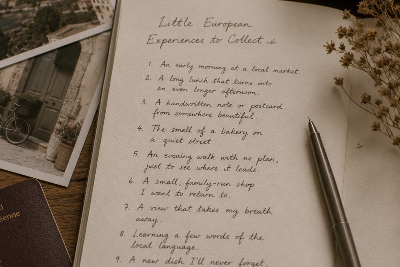 A handwritten list of small, meaningful European travel experiences to collect over time.