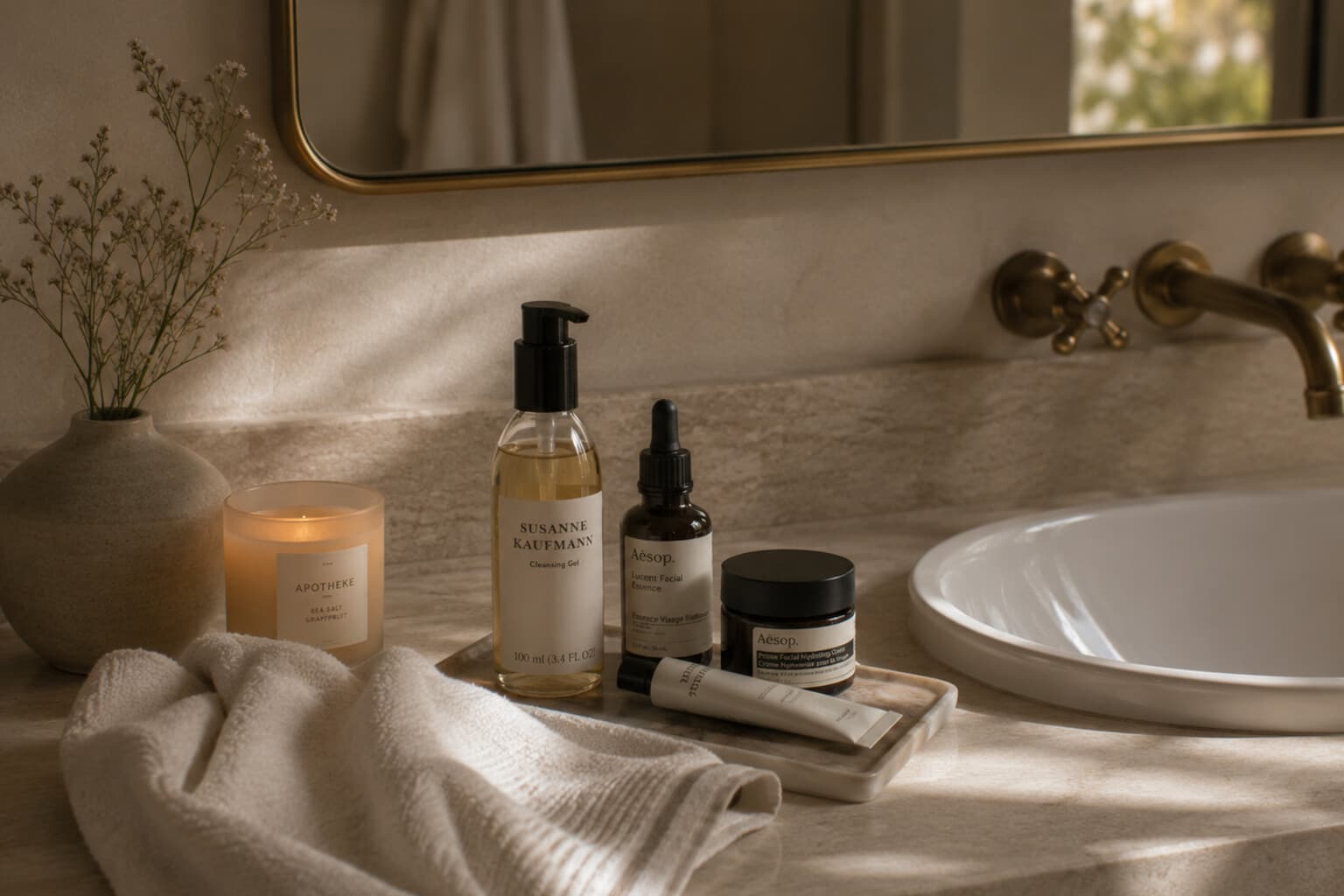 A cleansed bathroom surface with a fresh towel and evening skincare set out.