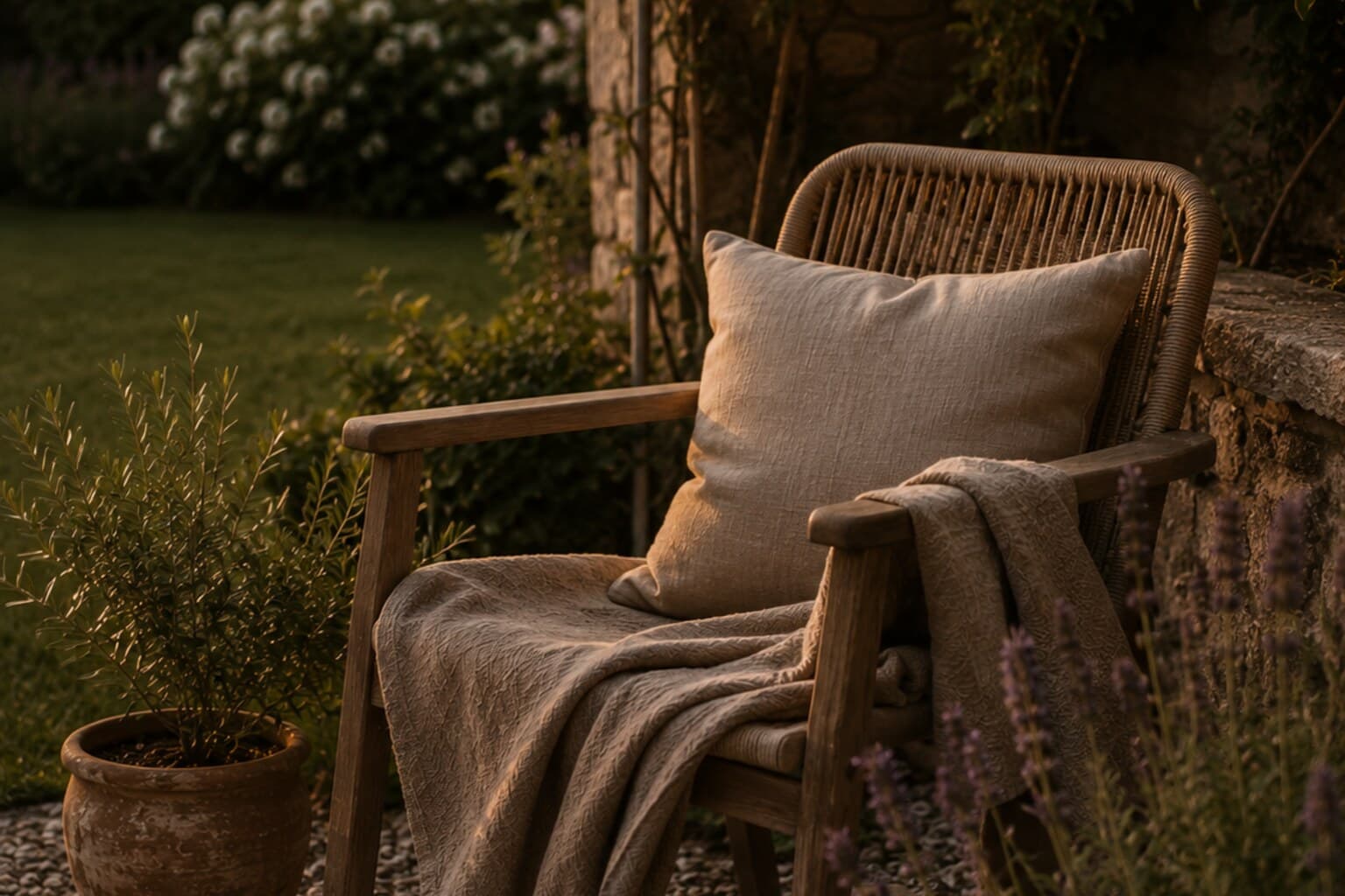 A single chair with a cushion and blanket set out in a garden as evening light softens.