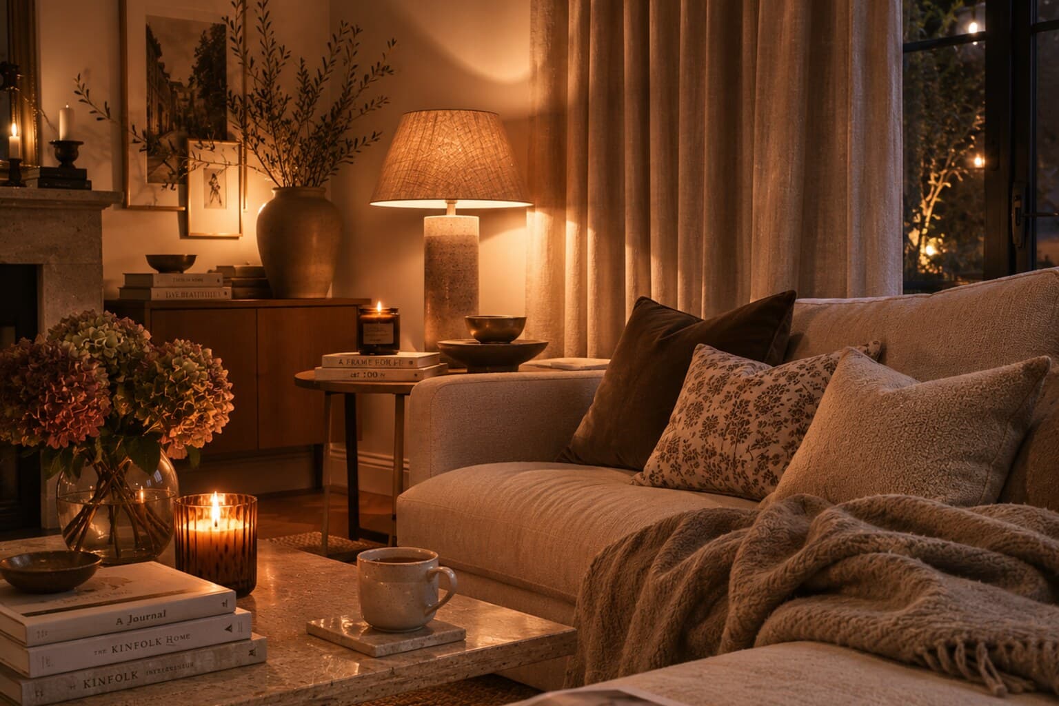 A living room in the evening lit by a table lamp and a candle, with curtains drawn.