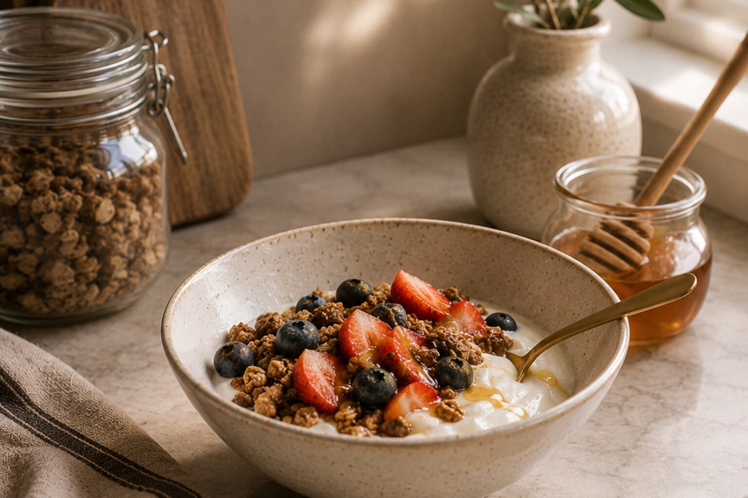 A bowl of yoghurt topped with fruit, granola and a drizzle of honey on a kitchen counter.