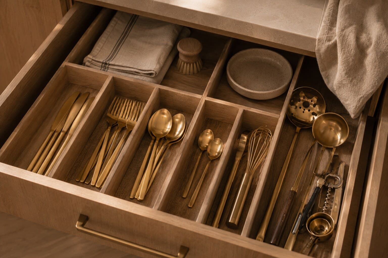 An open kitchen drawer with shallow dividers keeping daily utensils in separate zones.