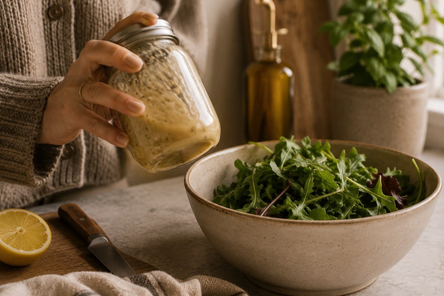 A small glass jar of dressing being shaken beside a bowl of leafy greens.