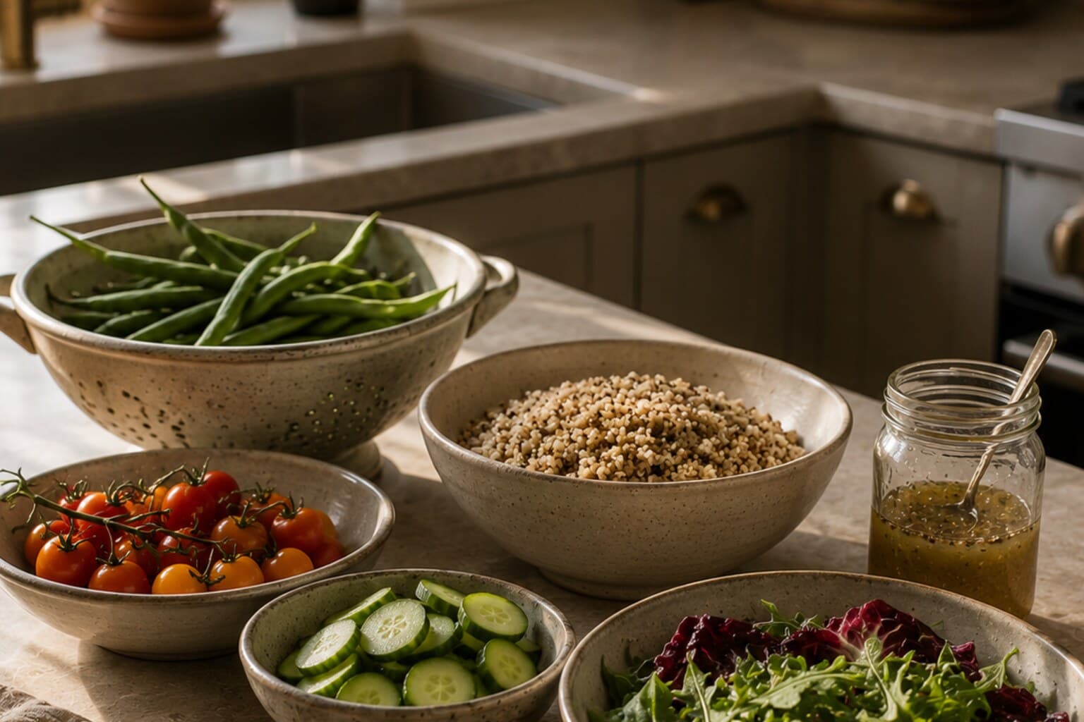 Washed vegetables, a cooked grain and a small jar of dressing lined up on a kitchen counter.