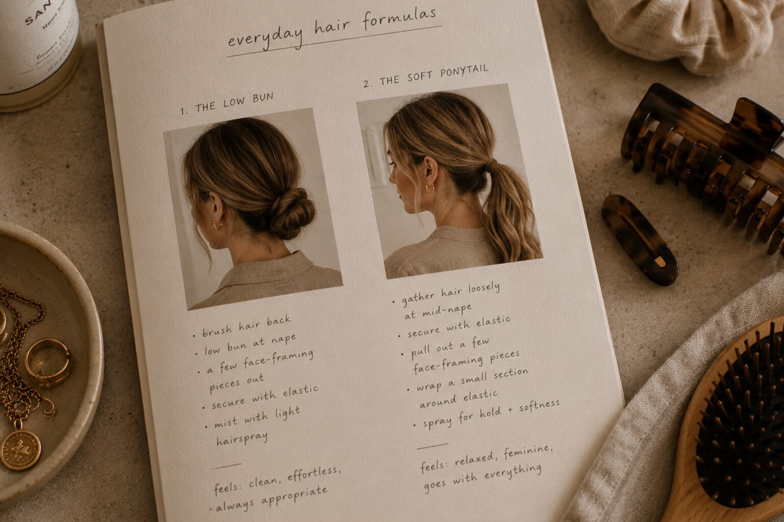 A low bun and a soft ponytail shown as two reliable everyday hairstyle formulas.