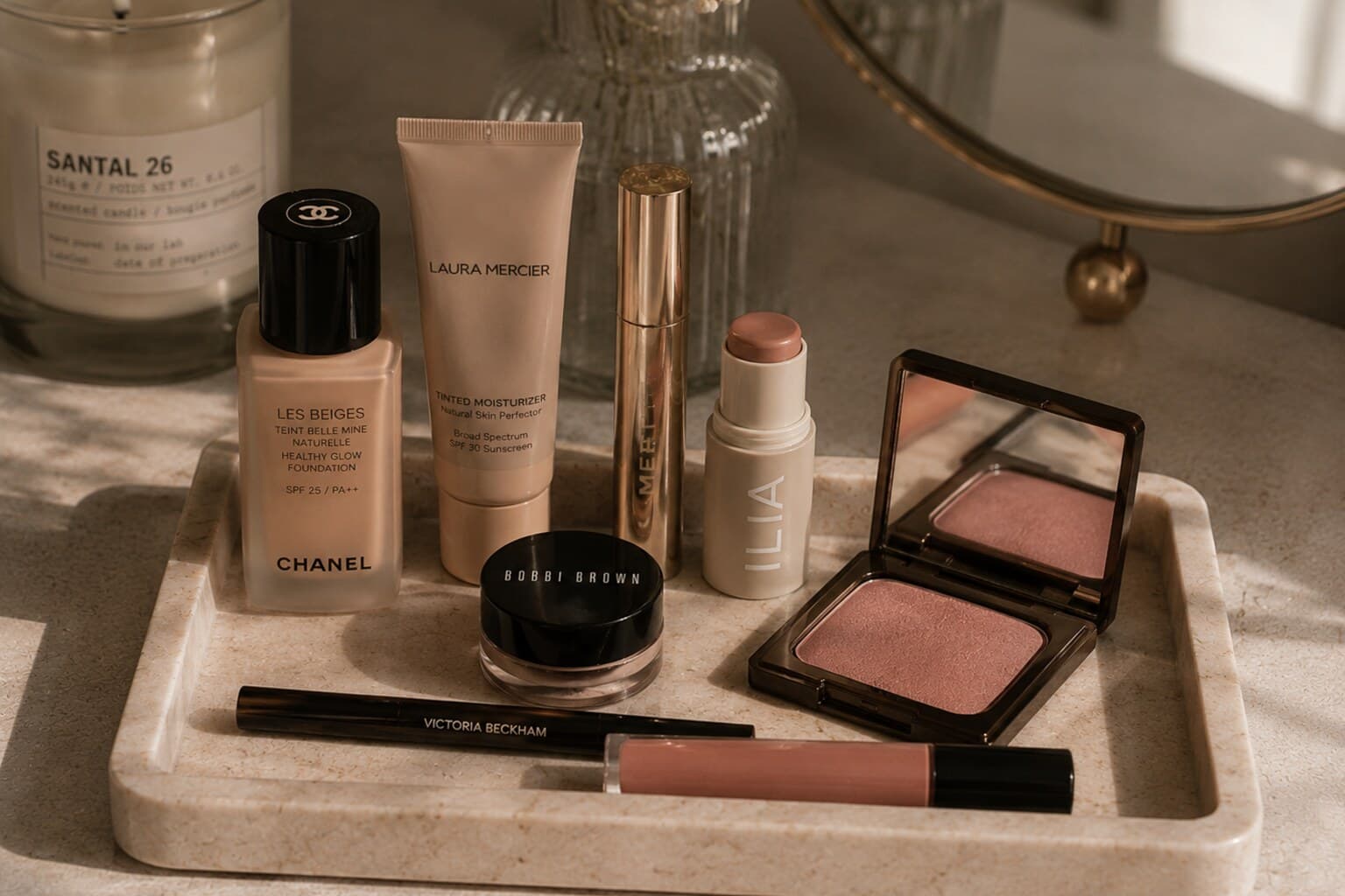 A small edited group of everyday makeup products arranged neatly on a tray.