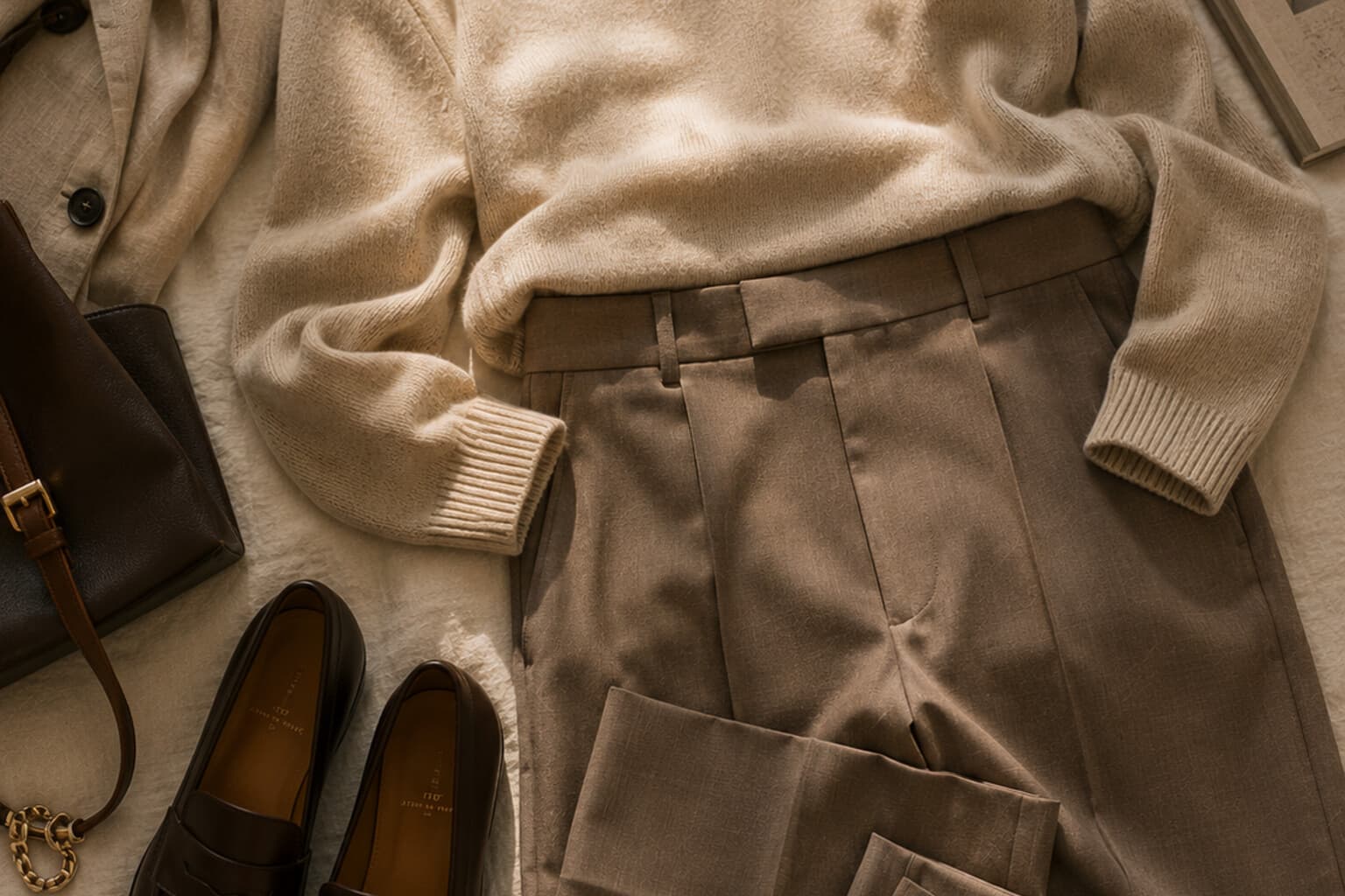 Tailored trousers, a fine knit and loafers laid out as one complete outfit.