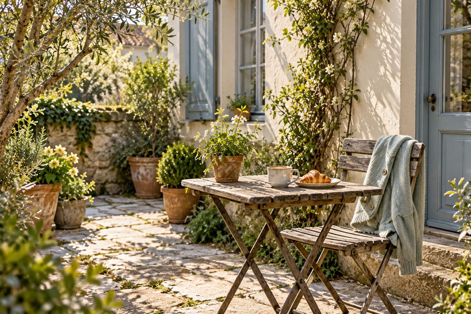 AI-created image of coffee on a small courtyard table with a cardigan draped over a garden chair.