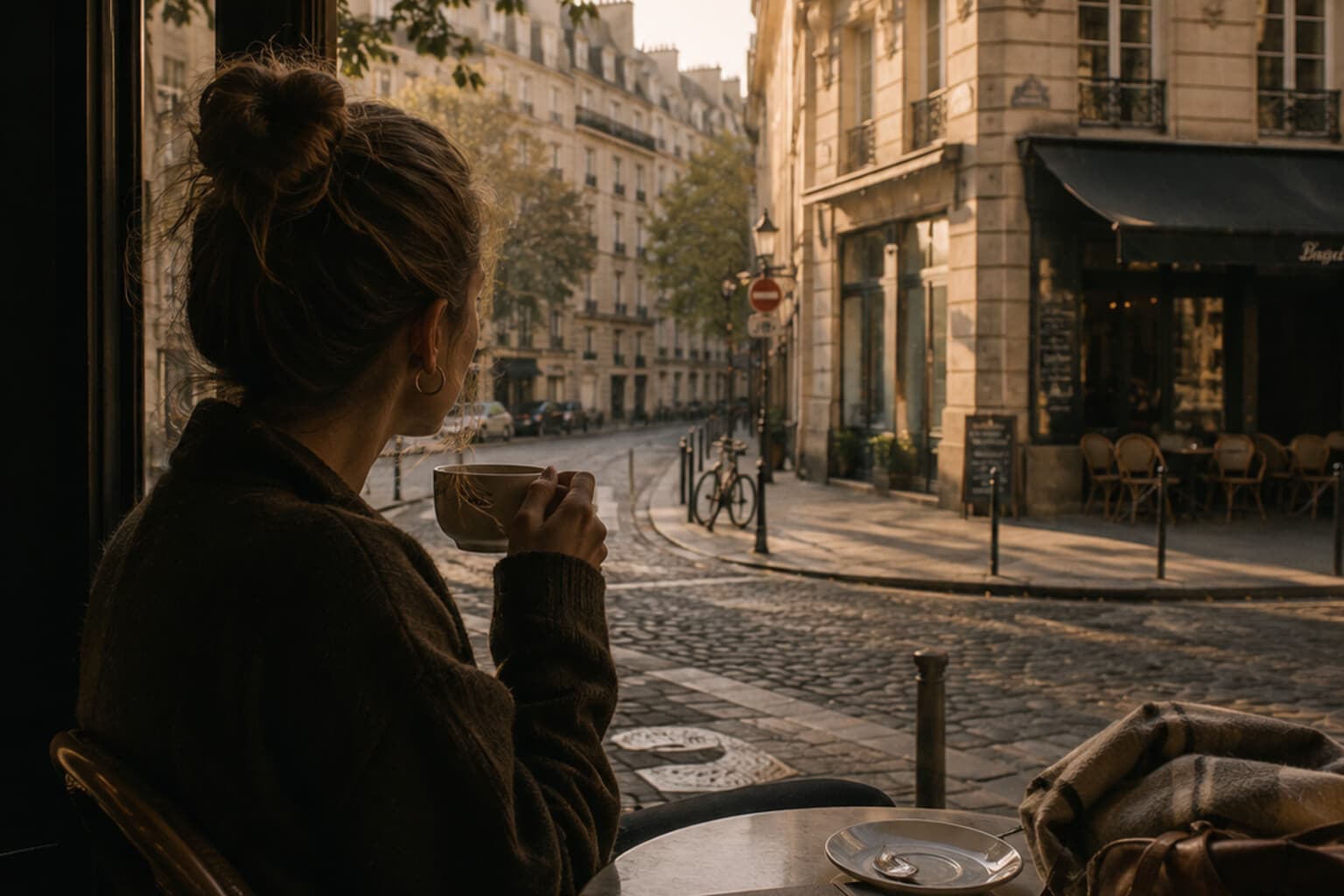 A traveller sitting quietly with coffee, taking in a new city during the first hour after arrival.