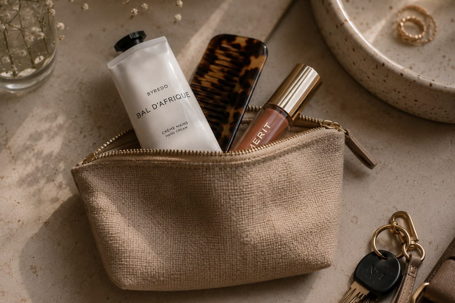 A small beauty pouch with a lip product, comb and hand cream ready to grab quickly.
