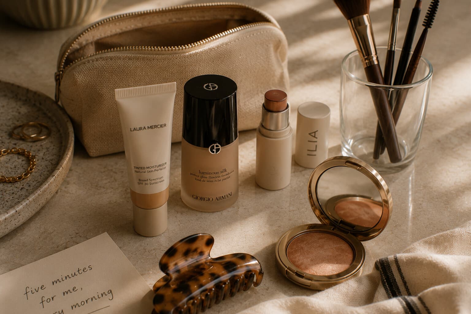 A small set of makeup tools laid out for a quick five-minute morning routine.