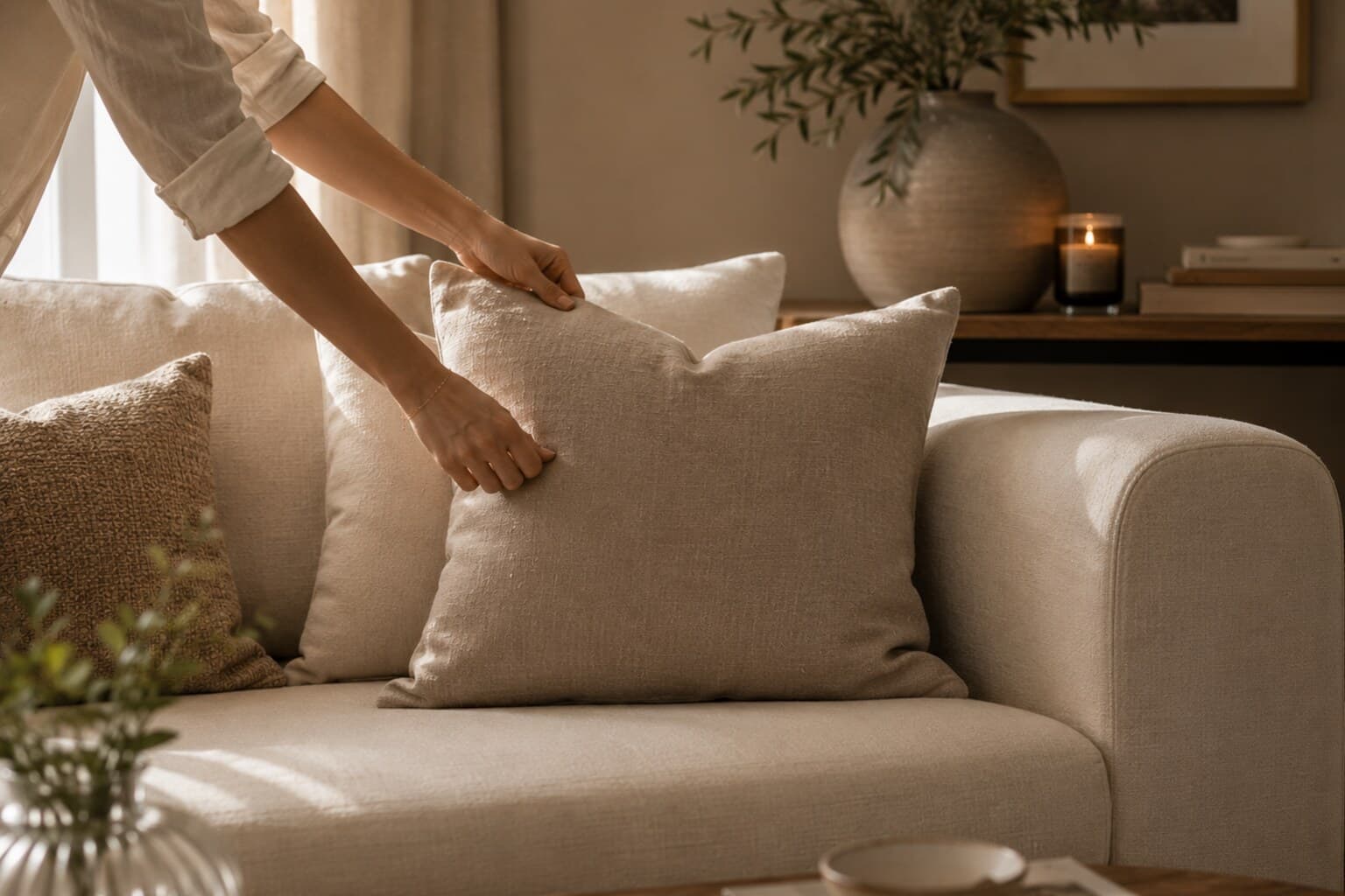 A hand straightening a cushion on a sofa in a tidy, softly lit living room.