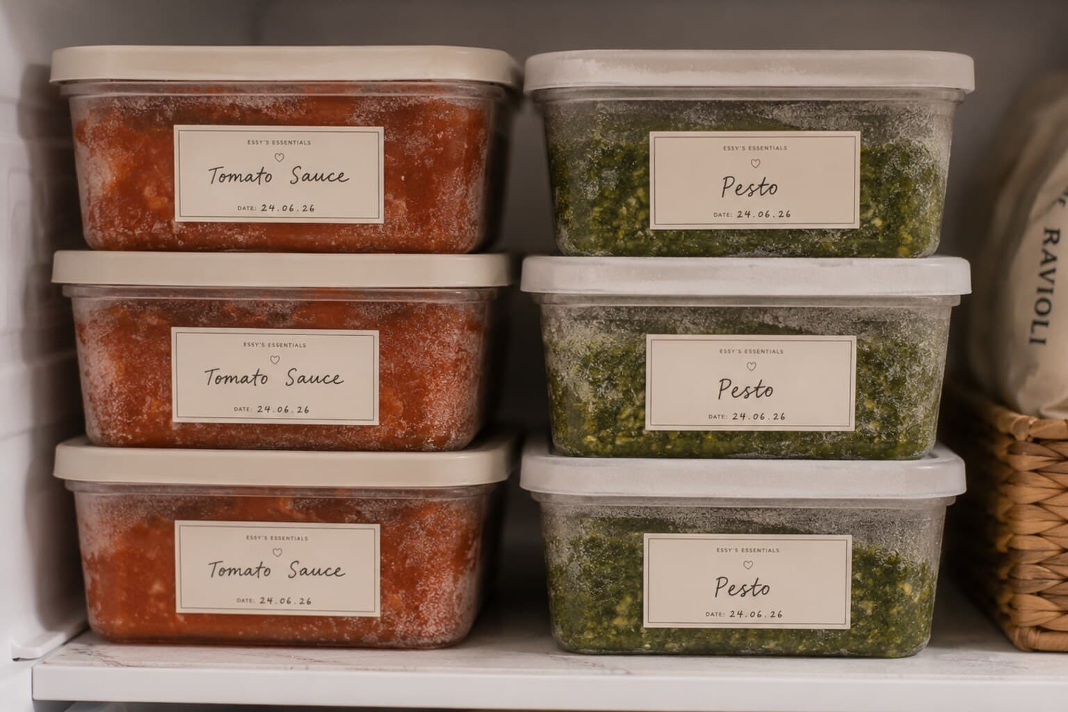 Labelled freezer containers of tomato sauce and pesto lined up on a shelf.