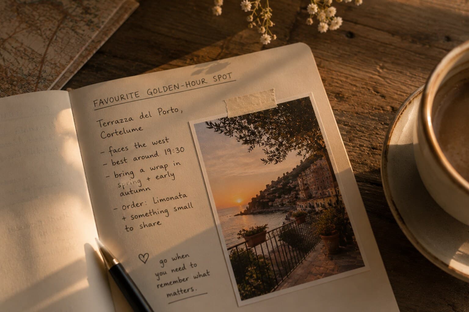 A small notebook page recording a favourite golden-hour spot with one photograph.