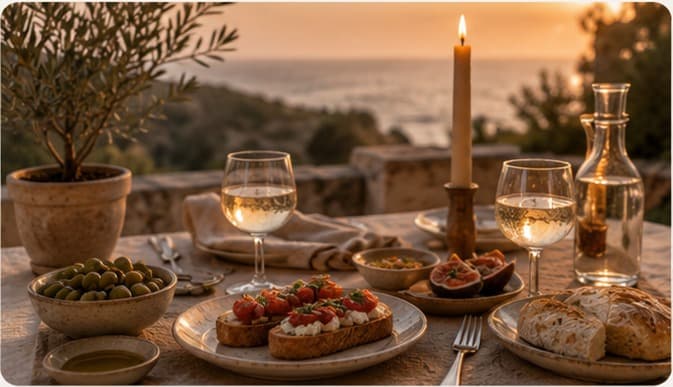 A harbourside table set at golden hour with a linen cloth, two glasses of wine, olives, bruschetta, bread and a lit candle, the sea and sunset visible beyond.