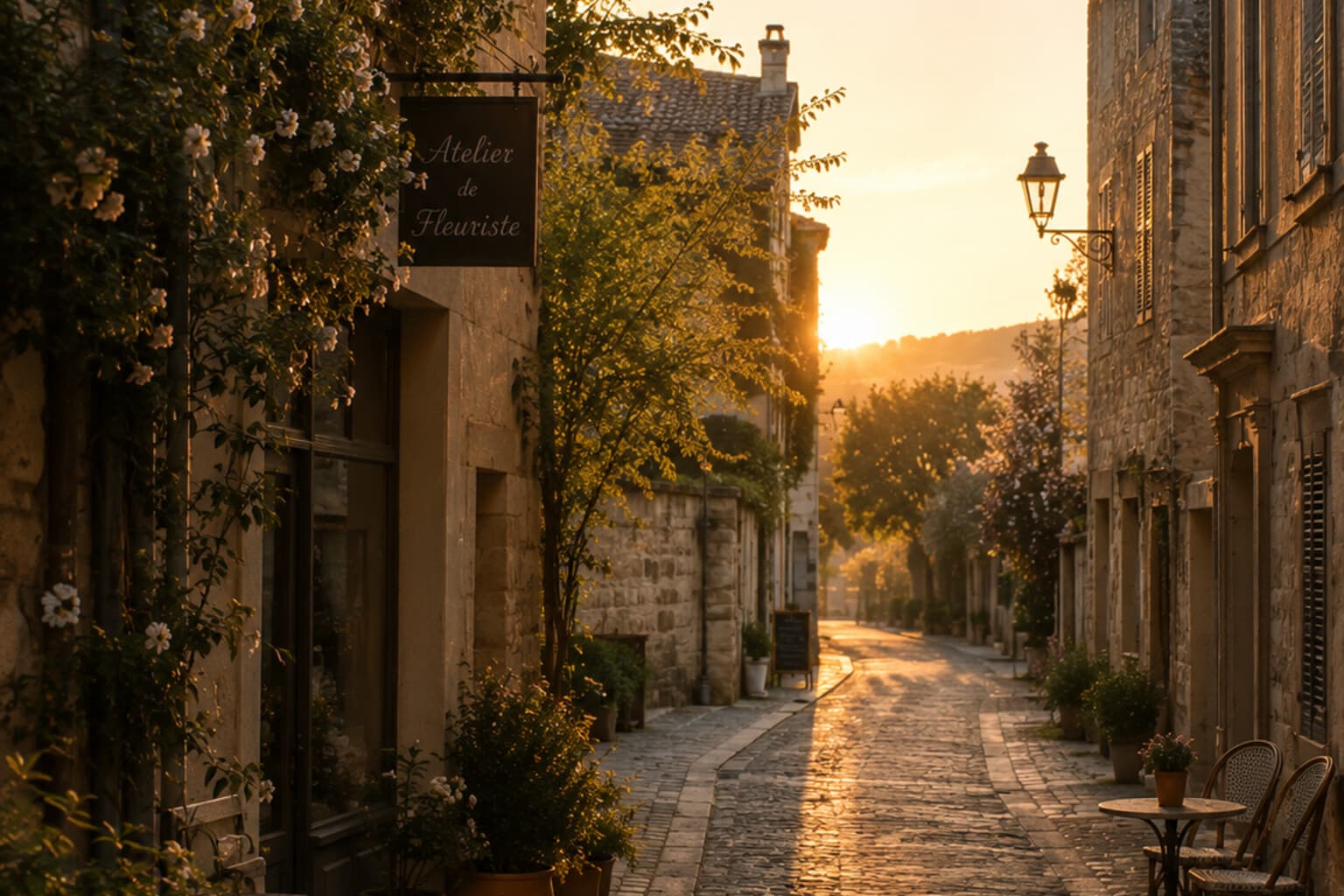A quiet European street bathed in golden evening light, ready for an unhurried walk.