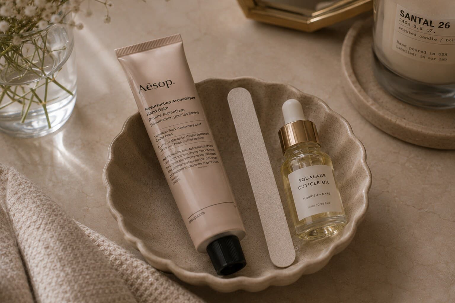 Hand cream, a nail file and cuticle oil arranged for a simple weekly hand-care check.