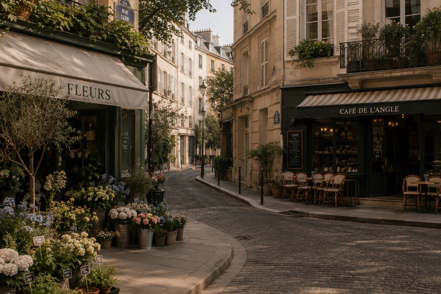 A quiet residential European street with a small florist and corner café.