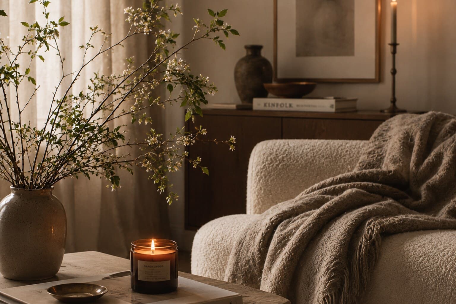 A calm, softly lit room with a textured throw, a candle and fresh branches in a vase.