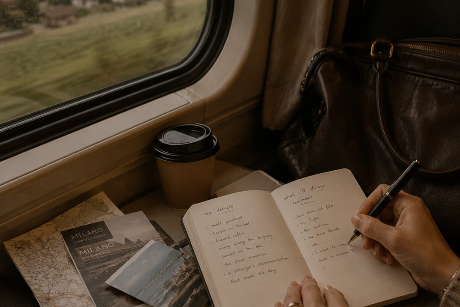 A traveller writing in a small notebook on the journey home, reflecting on the trip.