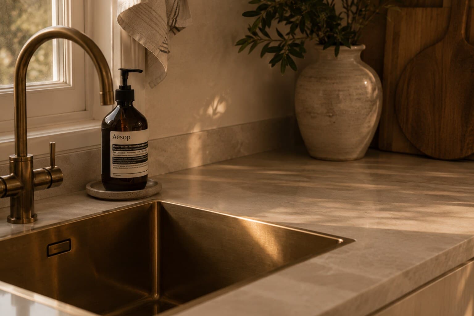 A clean, empty kitchen sink and a wiped worktop at the end of the day.