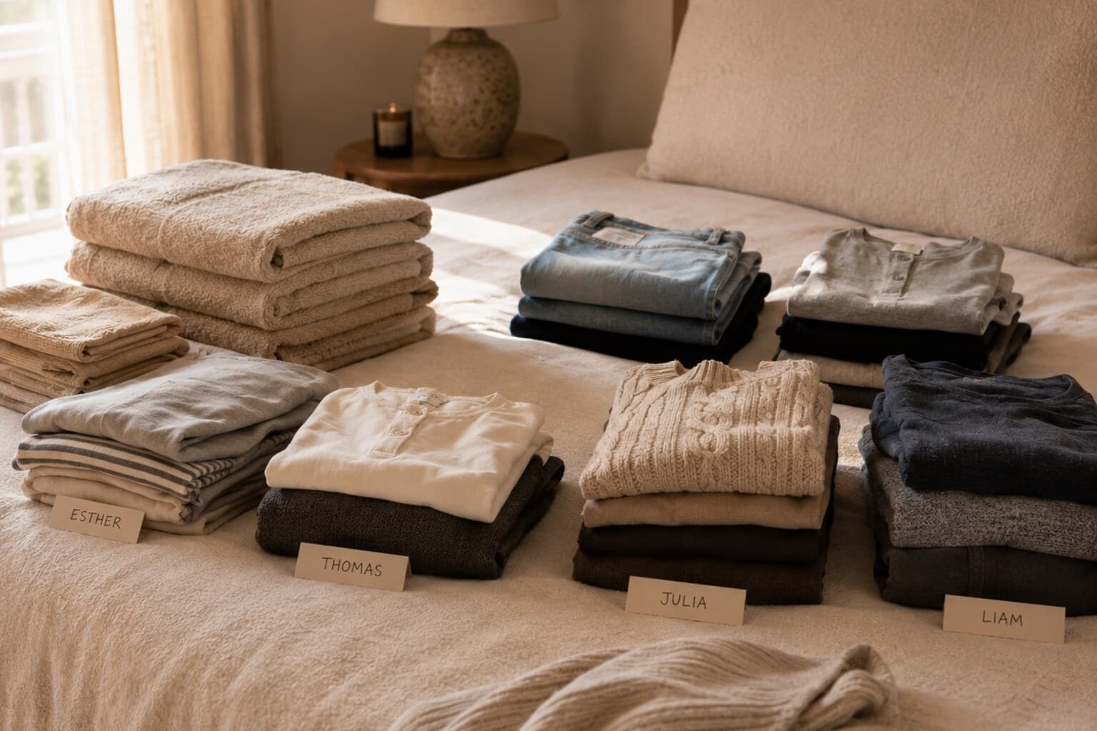 Folded laundry sorted into neat piles by person on a bed, ready to be returned to the wardrobe.