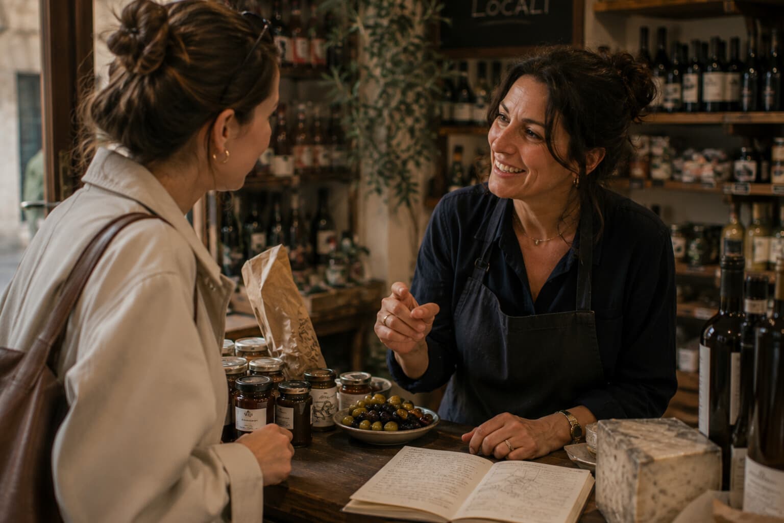 A traveller chatting with a local shopkeeper, gathering a quiet recommendation.
