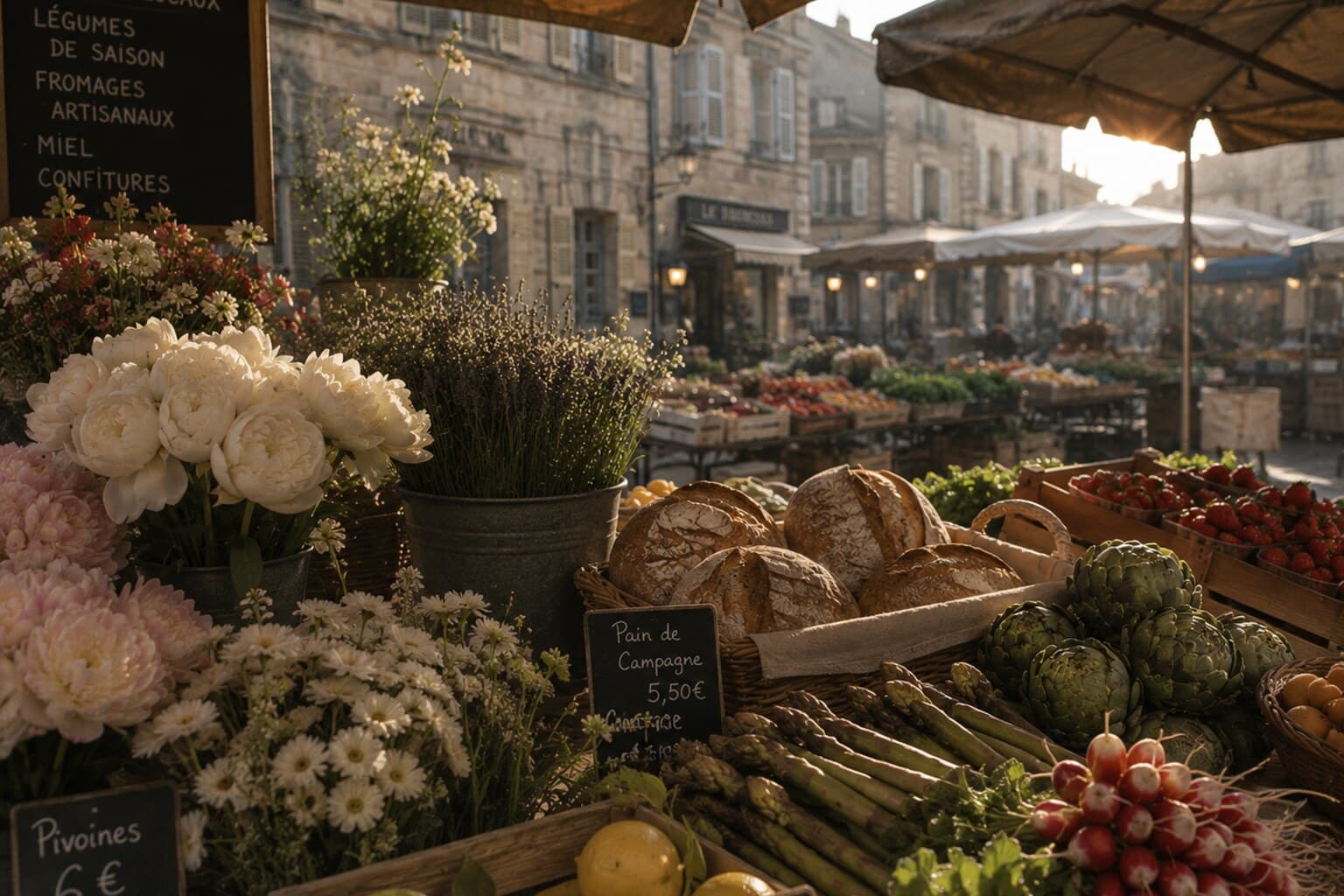 Fresh flowers, bread and produce at an early morning European market stall.