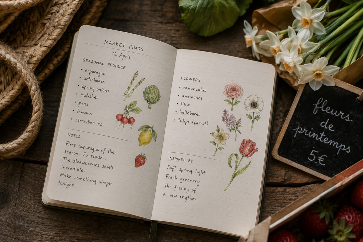 A small notebook recording seasonal produce and flowers seen at a local market.