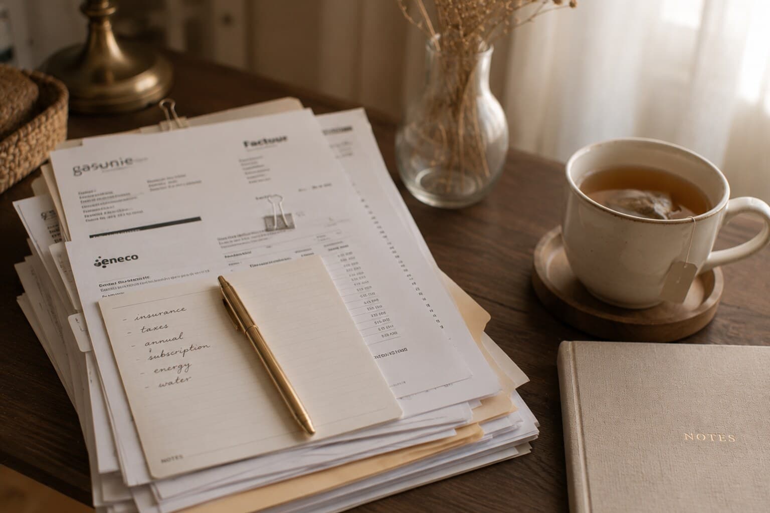 A stack of household paperwork and a pen on a desk beside a cup of tea, softly lit.