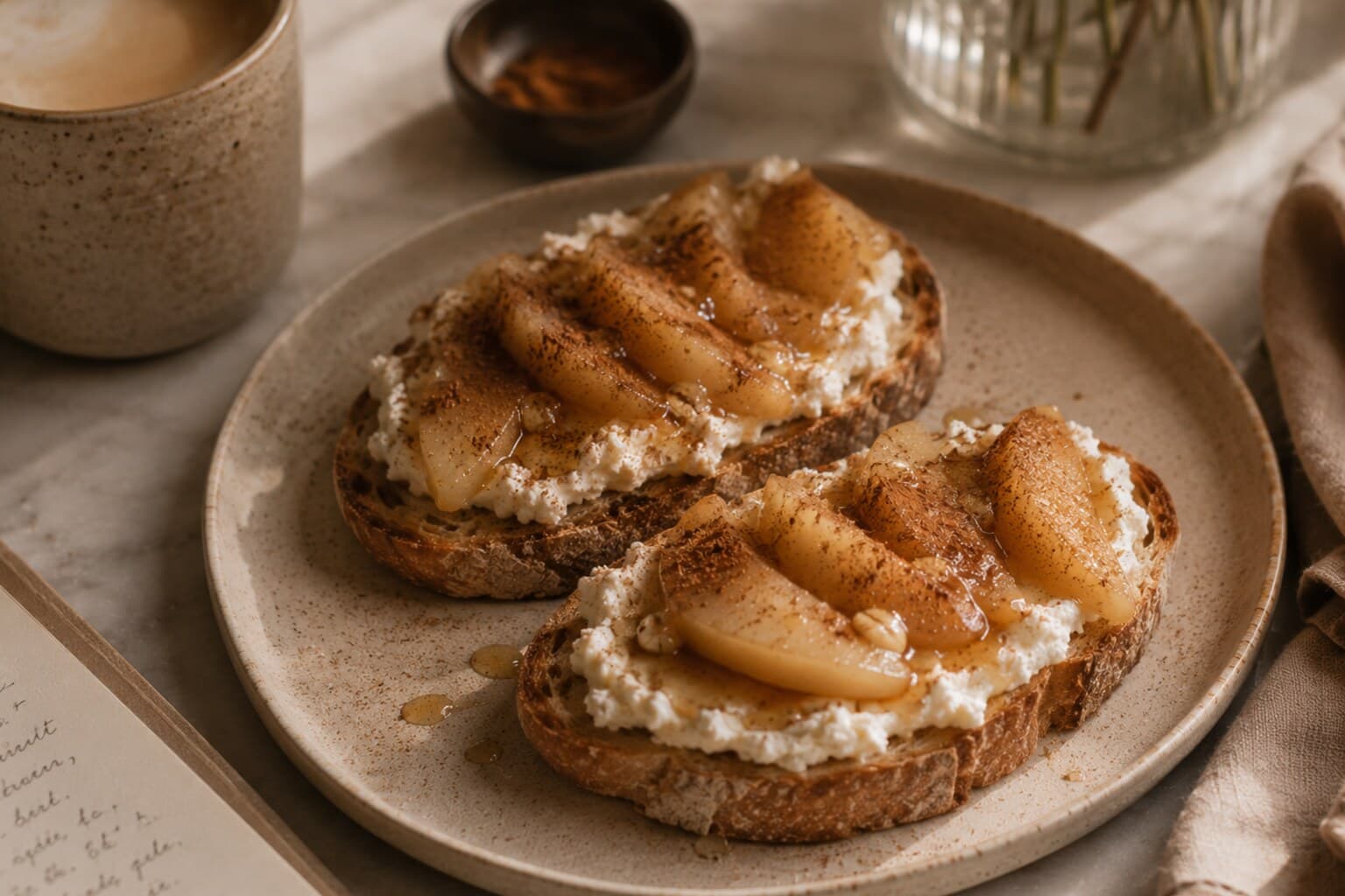 Slices of toast topped with ricotta, stewed pear and a dusting of cinnamon.
