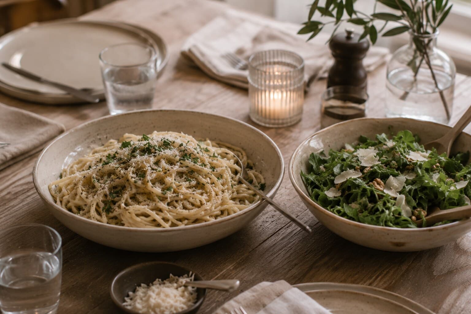 A simple pasta supper and a green salad ready to serve on a quickly set table.