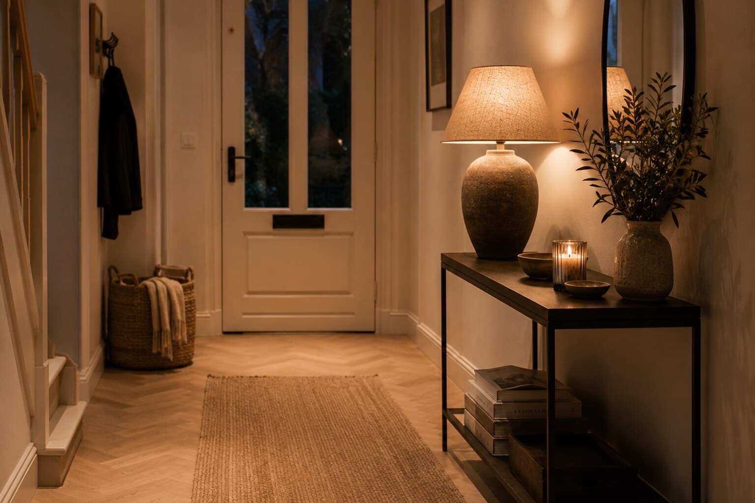 A tidy entrance with a clear route, a basket by the door and a lamp switched on before guests arrive.