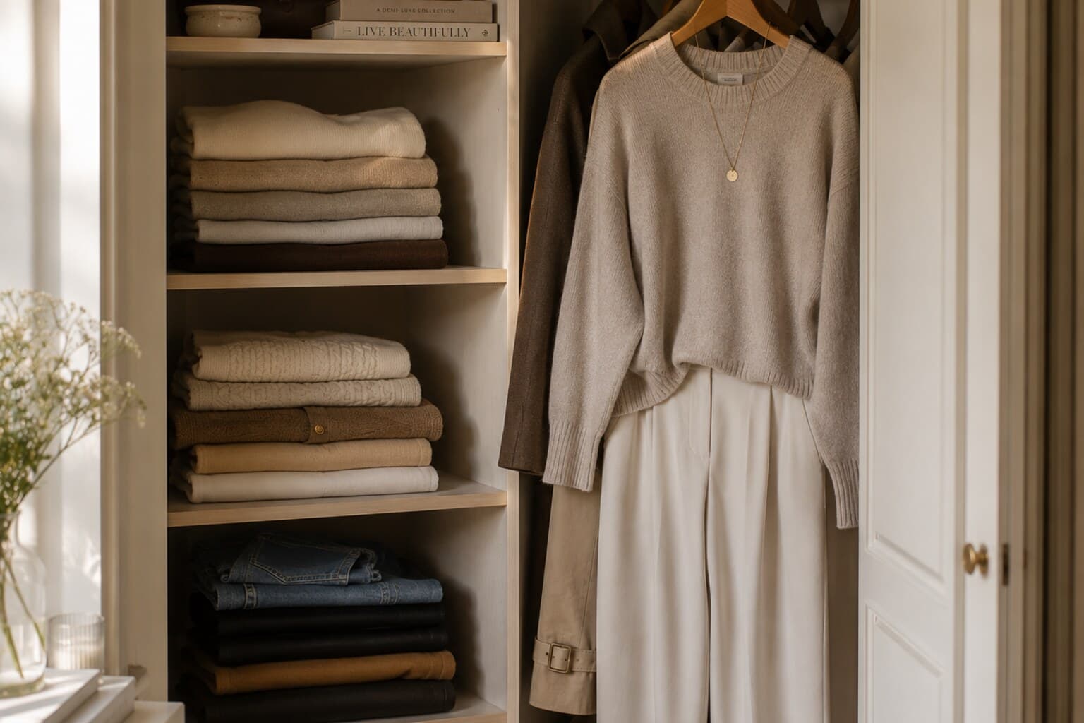 A tidy wardrobe with folded clothes returned and one outfit hung ready at the front.