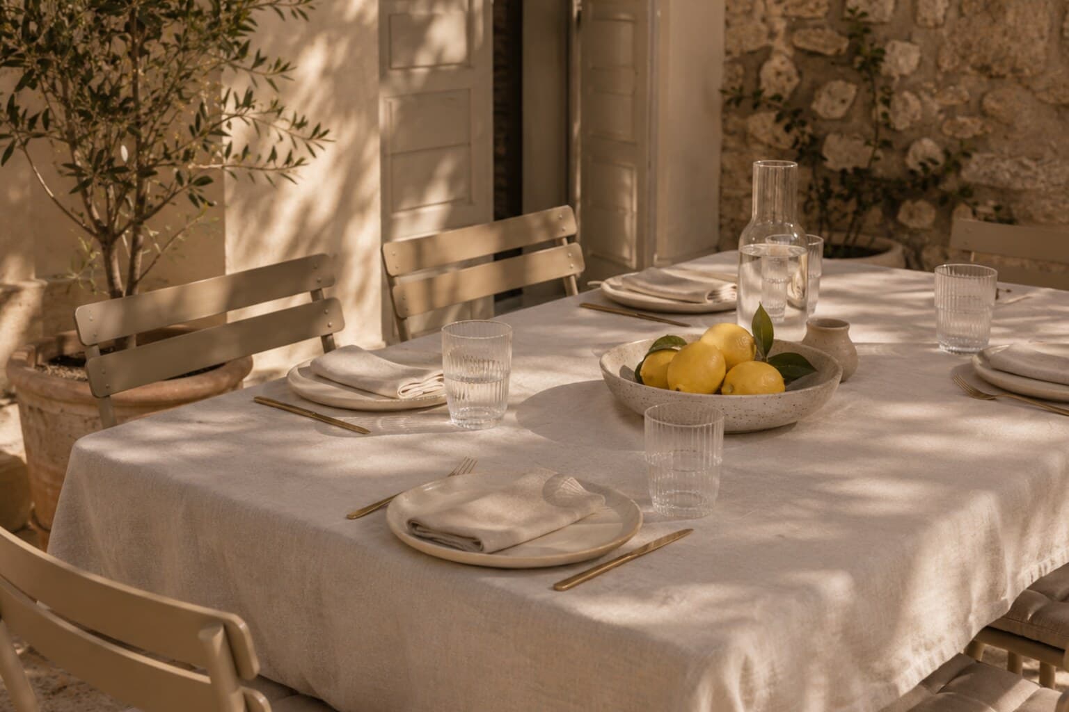 An outdoor dining table set simply with plates, glasses and a low bowl of lemons.