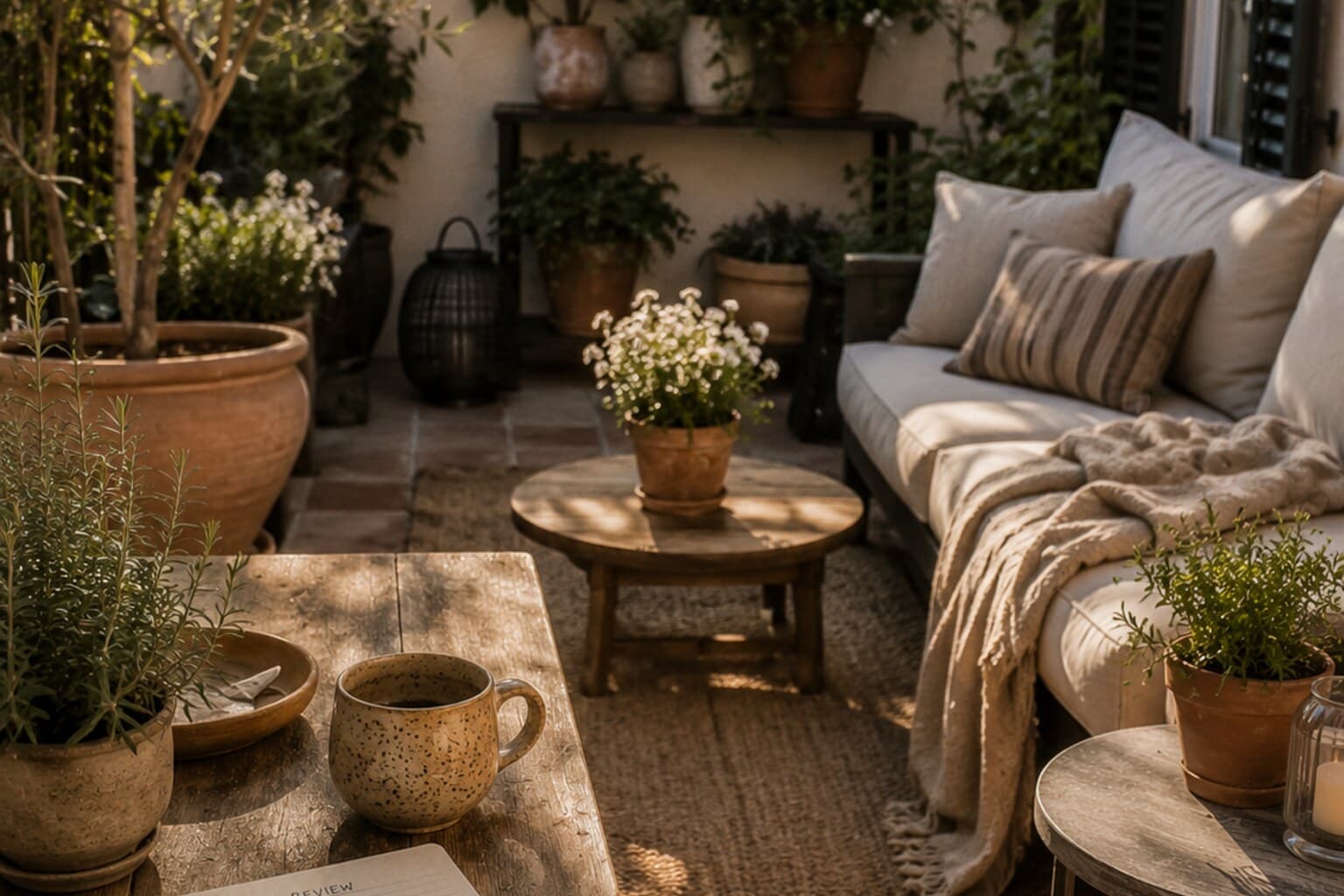 A well-used terrace with comfortable seating, plants and a small table, reviewed section by section.