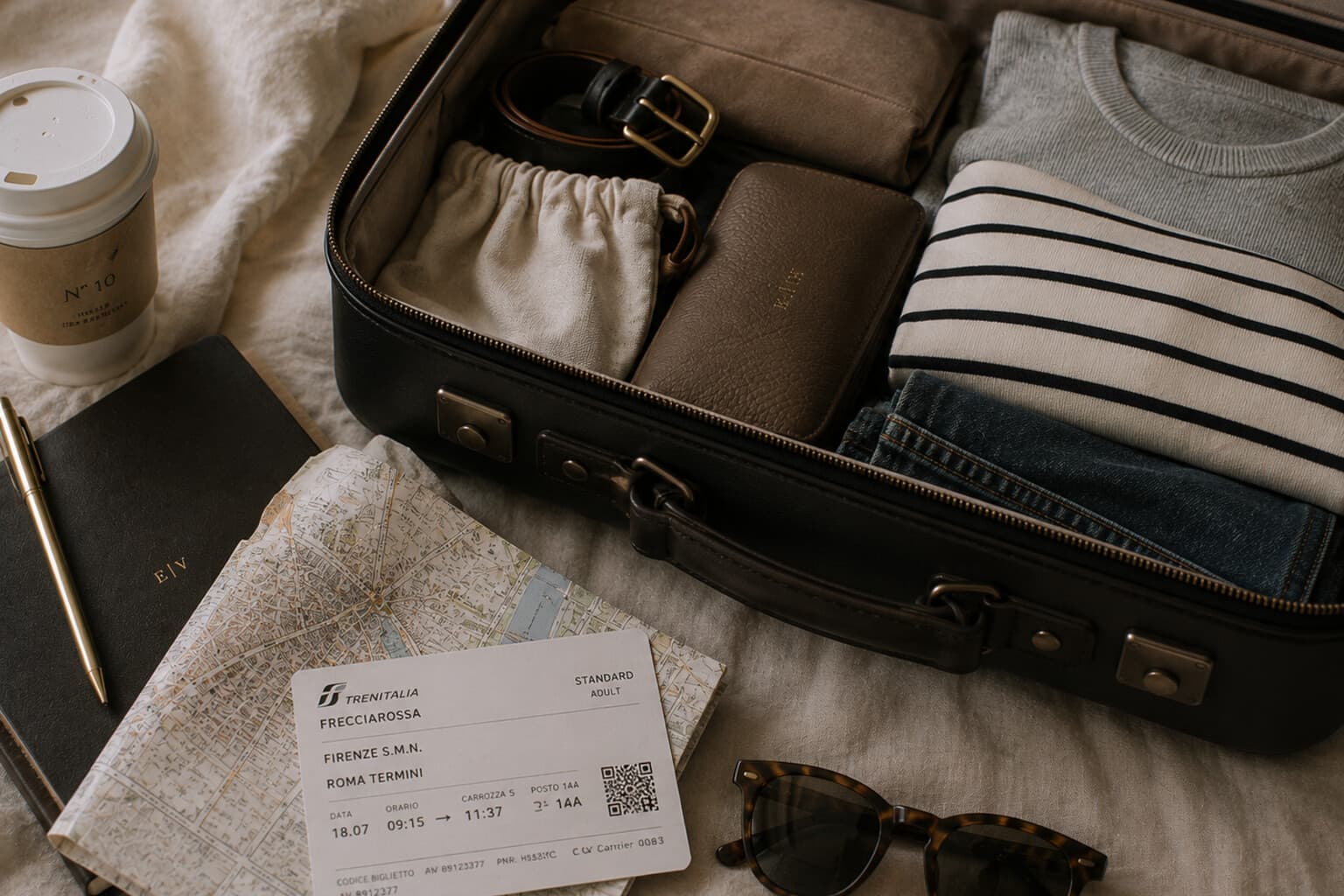 A small packed suitcase beside a train ticket and a folded city map.