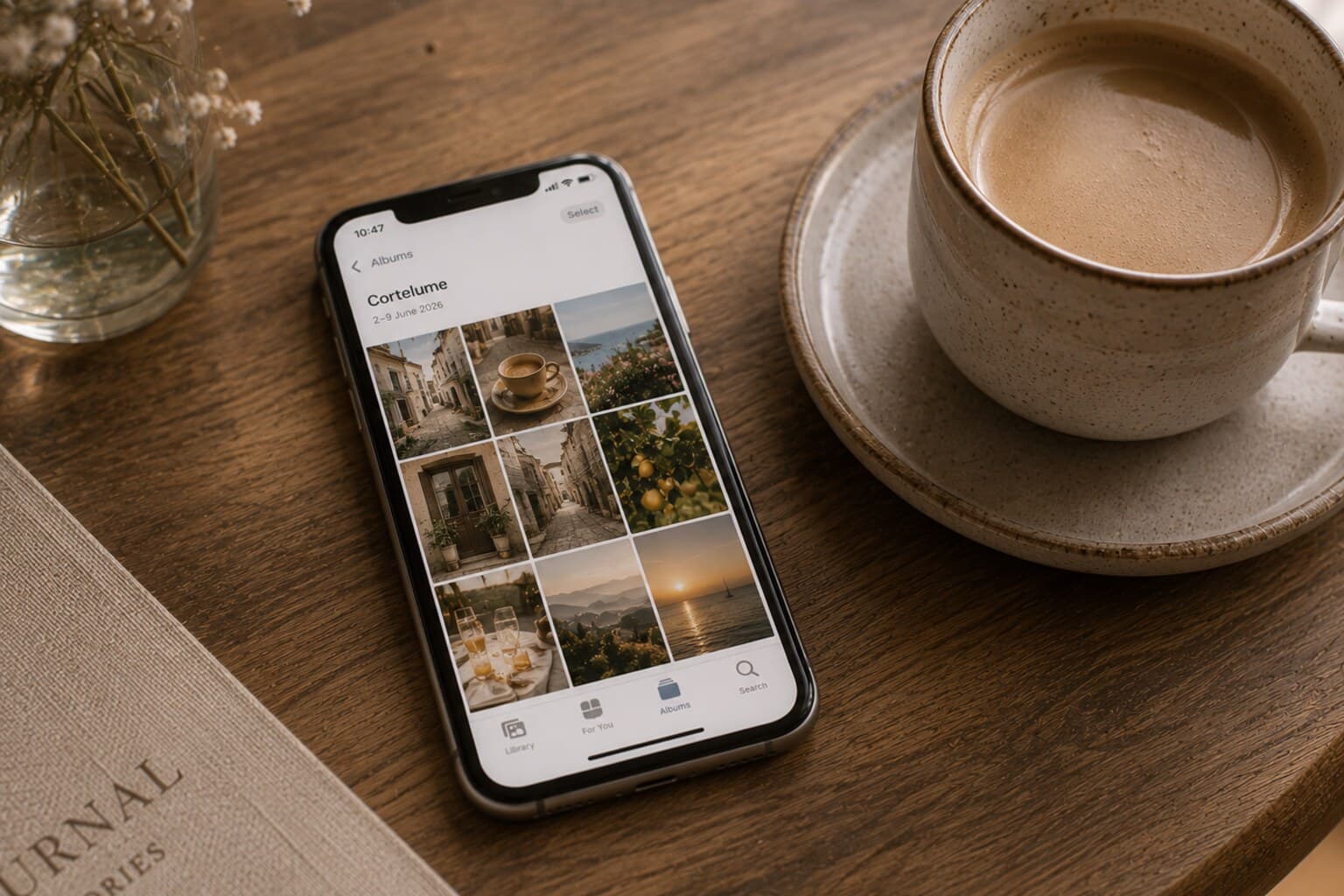 A phone showing a simple photo album grid resting on a table beside a cup of coffee.