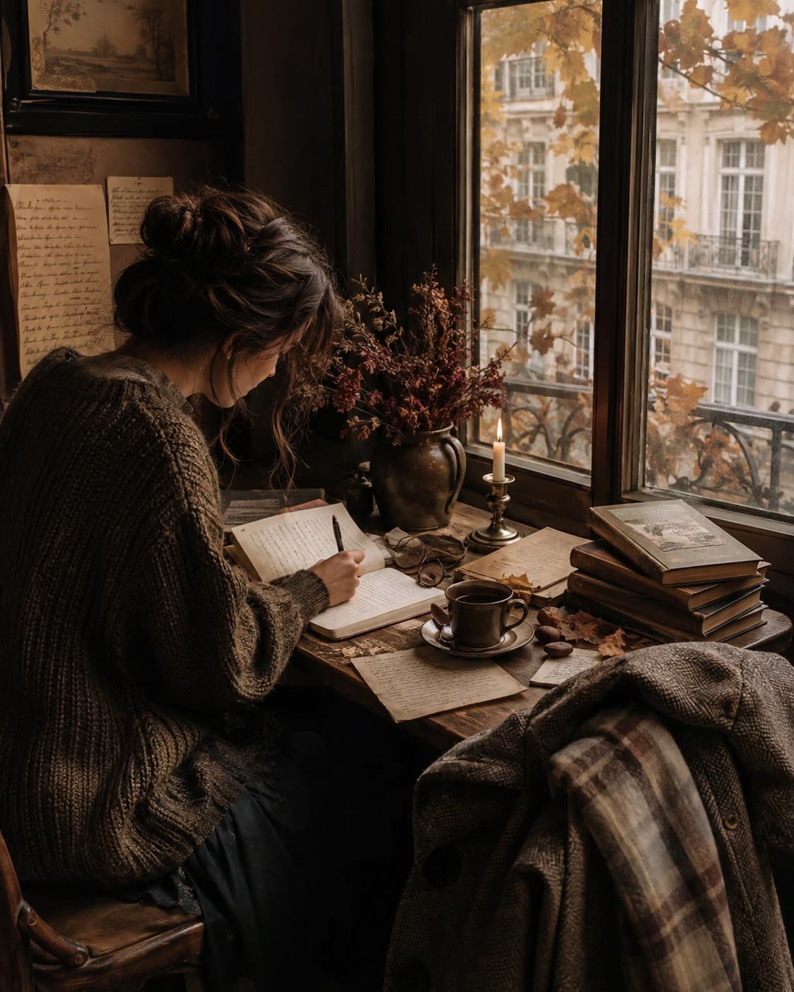 A woman in a chunky knit sweater writing a letter by candlelight at a window desk, surrounded by old books, dried flowers and a cup of coffee, with autumn leaves visible through the window.