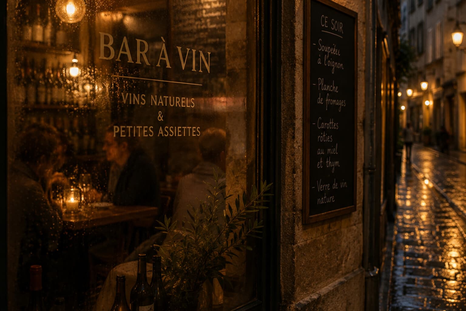 A wine bar window fogged with warmth on a rainy European evening.
