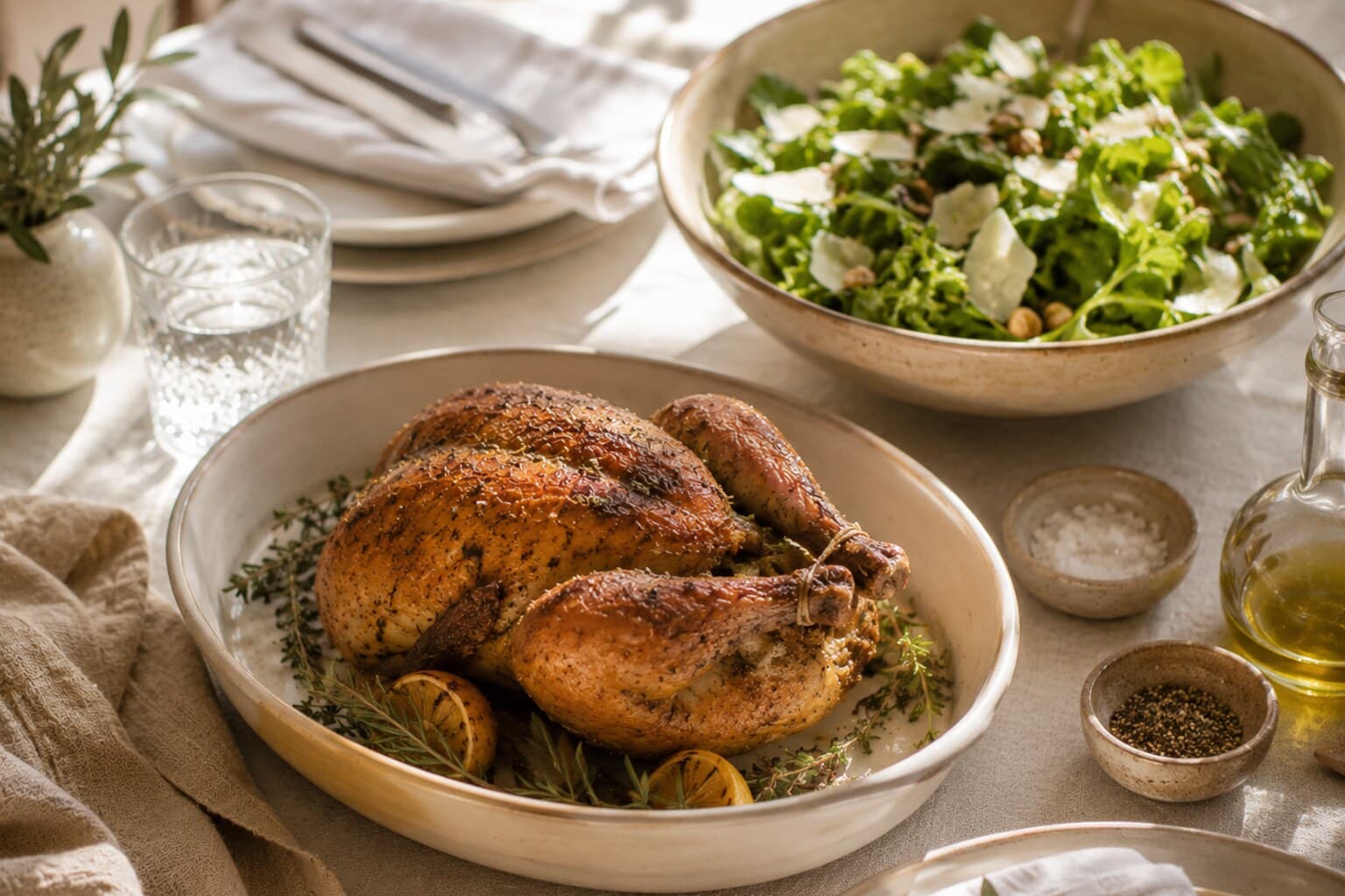 A roast chicken and a green salad set on a table with soft midday light.