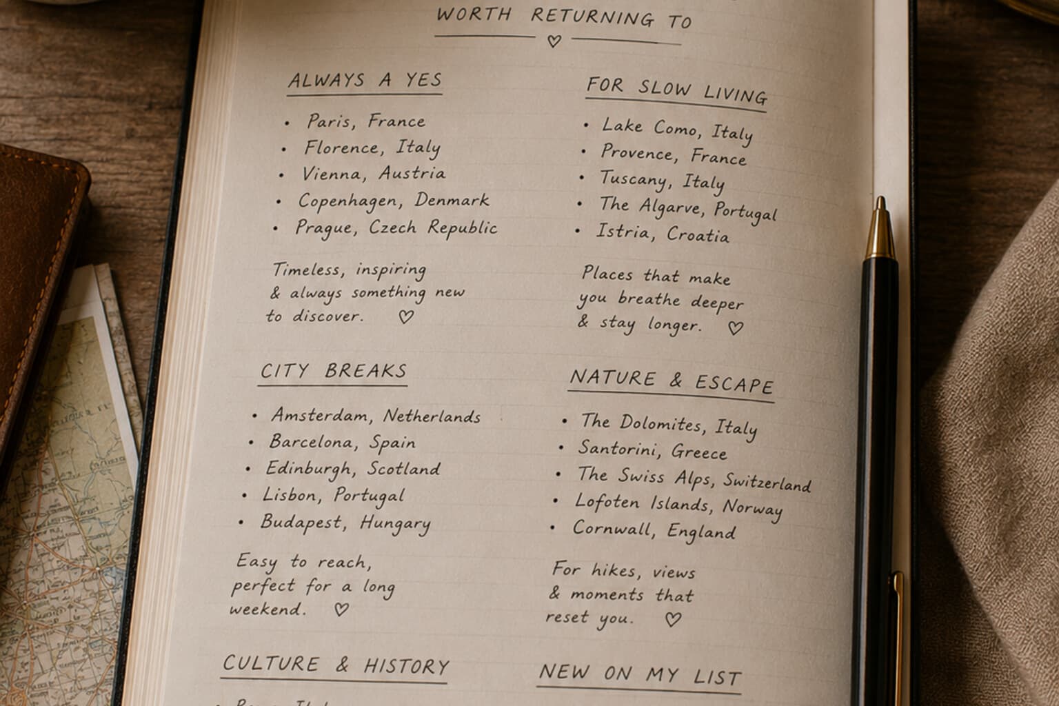 A handwritten list of European destinations sorted into categories worth returning to.