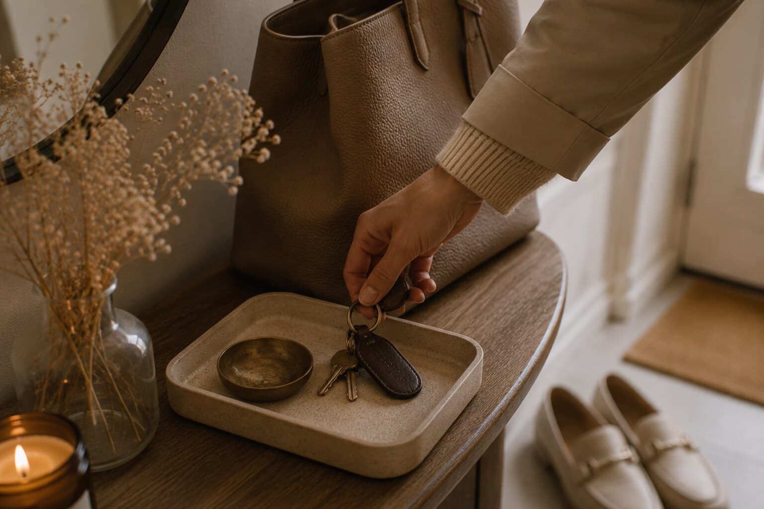 Keys and a bag being placed in a small entryway tray beside a pair of shoes.