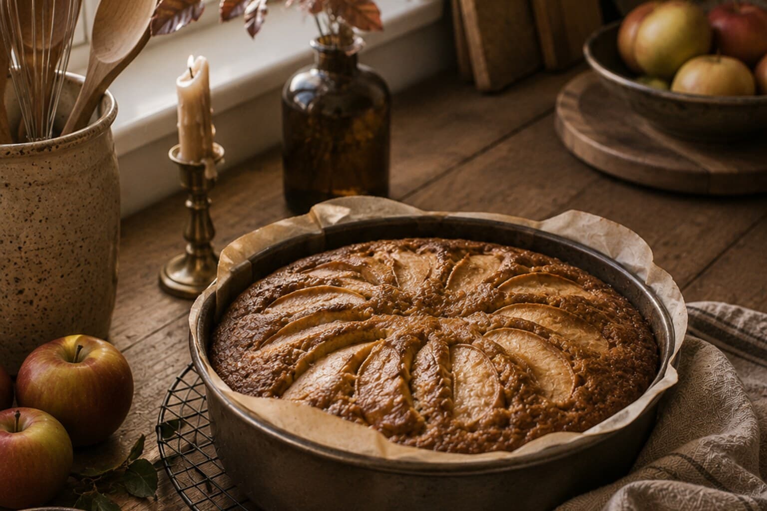 A familiar seasonal cake just out of the oven, marking the change of season in the kitchen.